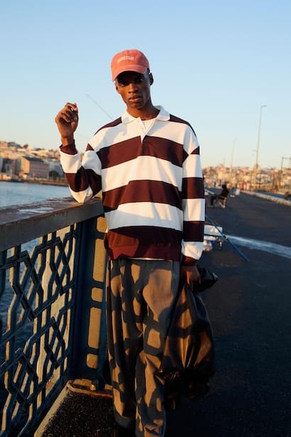 Boxy Fit Striped Polo Collar Sweatshirt