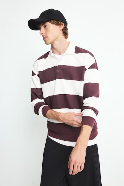 Boxy Fit Striped Polo Collar Sweatshirt (4)