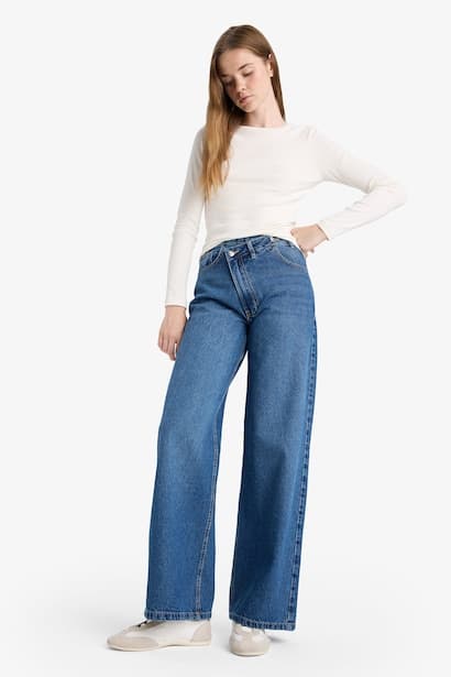 Wide Leg High Waist Straight Leg Long Jeans (٣)