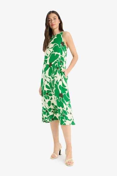 Crew Neck Floral Sleeveless Midi Dress