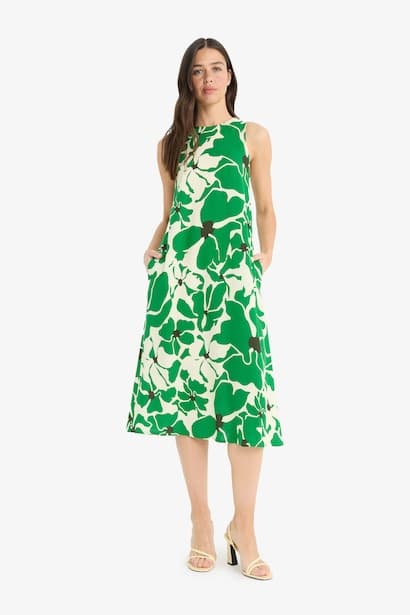Crew Neck Floral Sleeveless Midi Dress (٢)