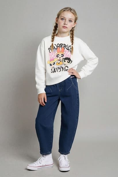 Girl Balloon Fit Wide Leg Jeans (٣)