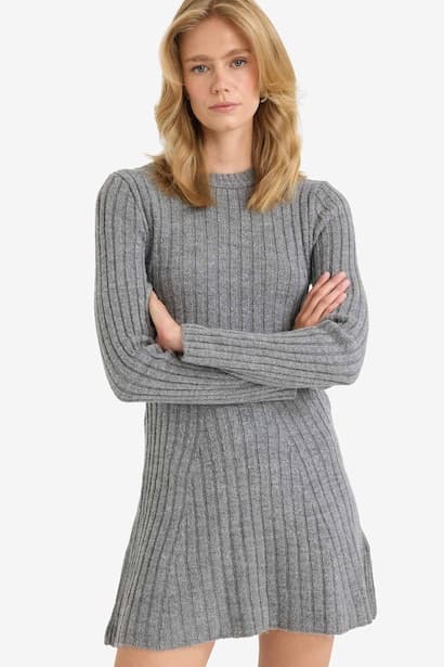Crew Neck Ribbed Long Sleeve Mini Dress (٤)