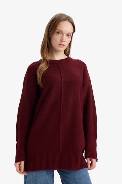Wool Blend Loose Fit Crew Neck Knit Tunic (3)