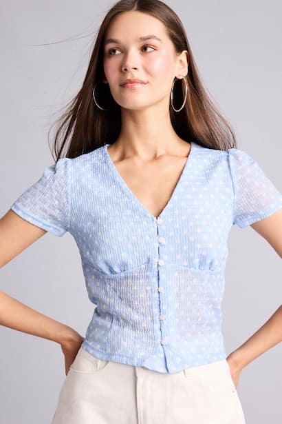 Slim Fit V-Neck Flower Short Sleeve Top Blouse