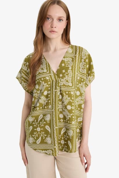 V Neck Patterned Short Sleeve Blouse (3)