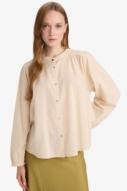 Relax Fit Round Collar Voile Long Sleeve Shirt (3)