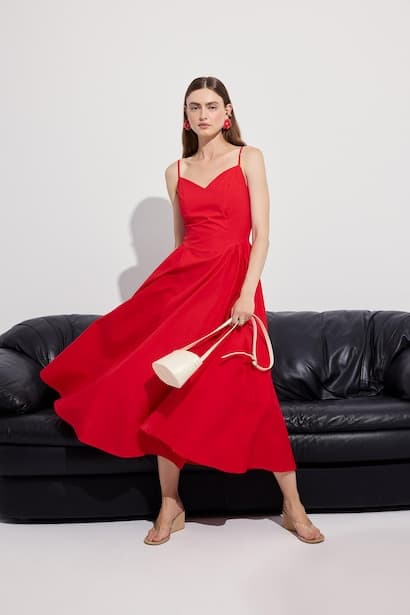 V-Neck Poplin Strappy Midi Dress (٣)