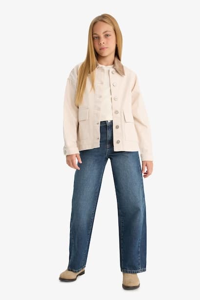 Girl Contrast Collar Gabardine Jacket (٣)