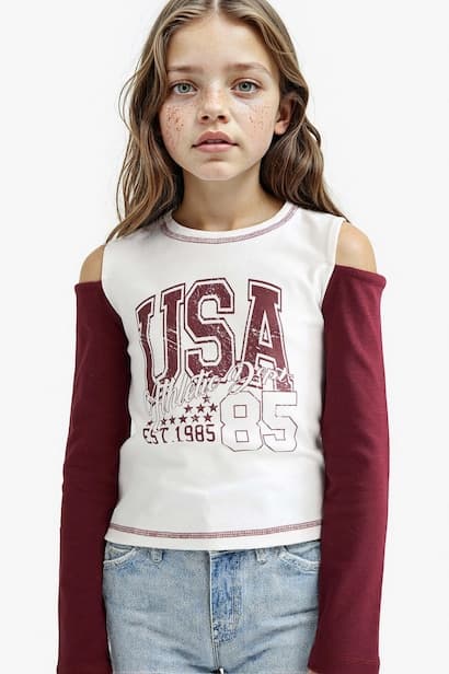 Girl Slim Fit Crew Neck Printed Ribbed T-Shirt (٣)