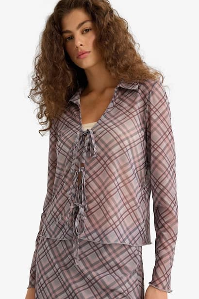Slim Fit Shirt Collar Plaid Long Sleeve Blouse (٣)
