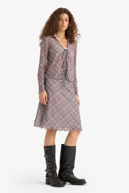 Slim Fit Shirt Collar Plaid Long Sleeve Blouse (٤)