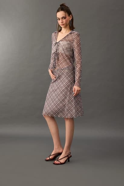 A Line Plaid Tulle Normal Waist Midi Knitted Skirt
