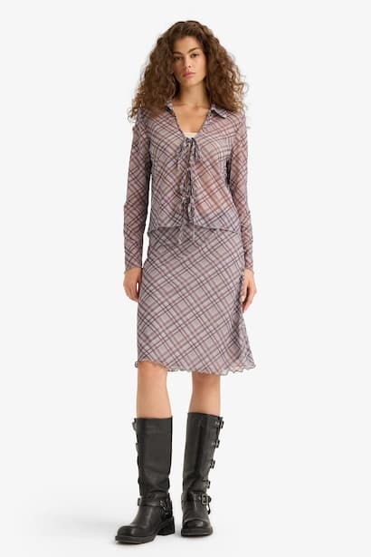A Line Plaid Tulle Normal Waist Midi Knitted Skirt (3)