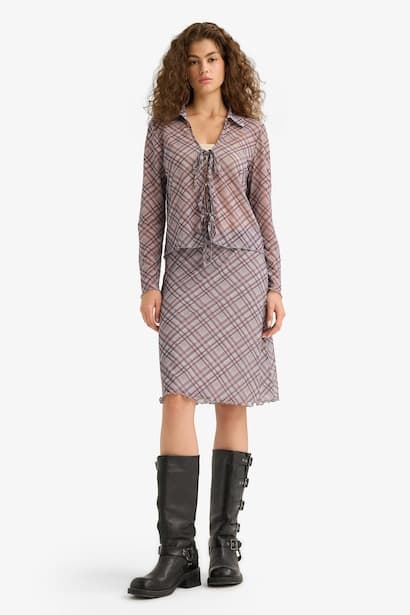 A Line Plaid Tulle Normal Waist Midi Knitted Skirt (4)