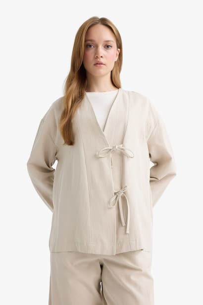 Regular Fit V-Neck Linen Blend Kimono Modest (٤)