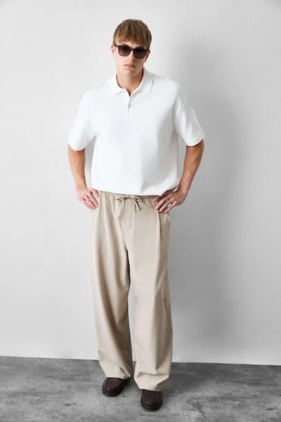 Barrel Fit Elastic Waist Beige Trousers