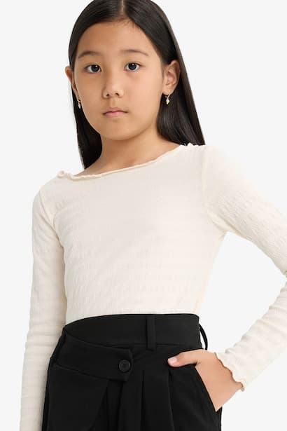 Girl Fitted Crew Neck Crepe Long Sleeve T-Shirt