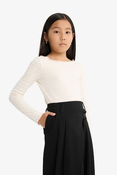 Girl Fitted Crew Neck Crepe Long Sleeve T-Shirt (3)