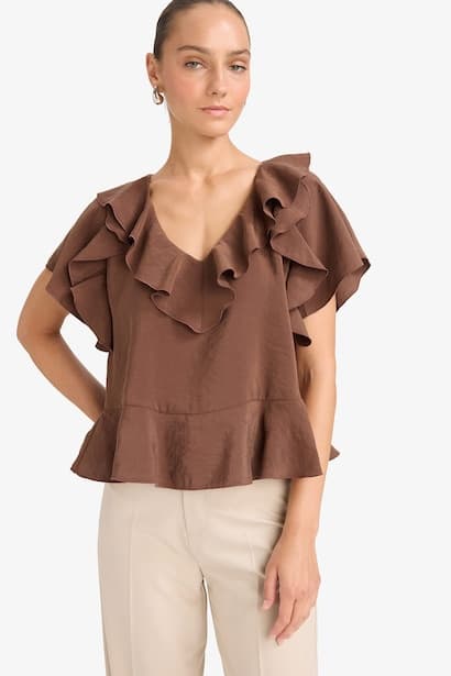 Regular Fit V-Neck Short Sleeve Blouse