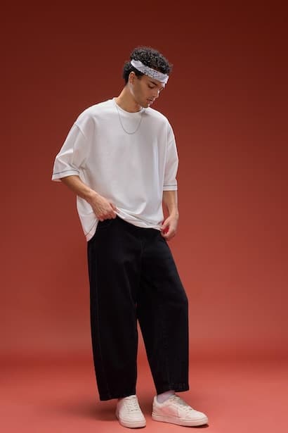Cotton Barrel Fit Elastic Wide Leg Washed Jeans
