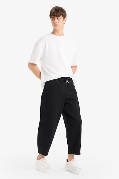 Cotton Barrel Fit Elastic Wide Leg Washed Jeans (3)