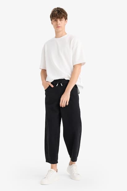 Cotton Barrel Fit Elastic Wide Leg Washed Jeans (4)
