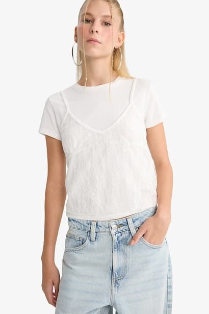 Lace Detail Short Sleeve T-Shirt (٣)