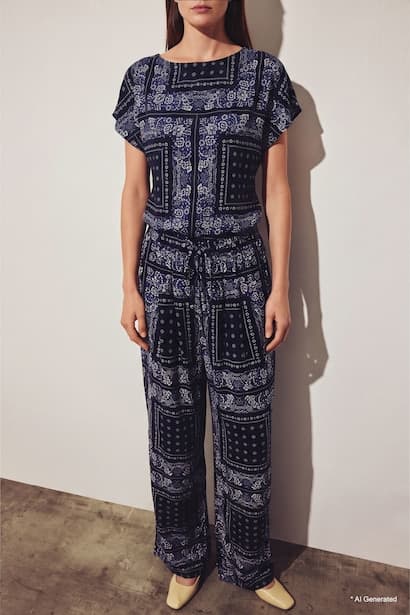 Wide Leg Linen Blend Patterned Trousers Modest (٣)