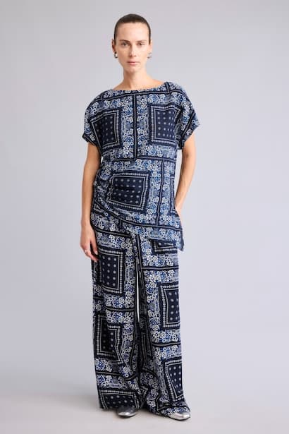 Wide Leg Linen Blend Patterned Trousers Modest (٤)