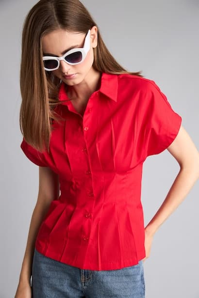 Slim Fit Jacket Collar Poplin Short Sleeve Shirt