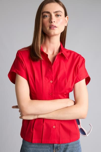 Slim Fit Jacket Collar Poplin Short Sleeve Shirt (٣)