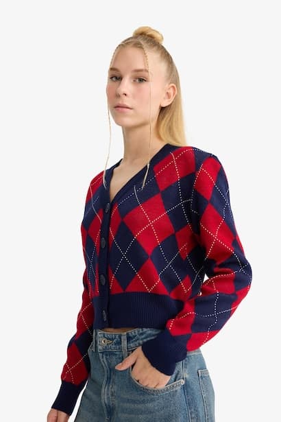 Slim Fit V-Neck Printed Buttoned Cardigan (4)