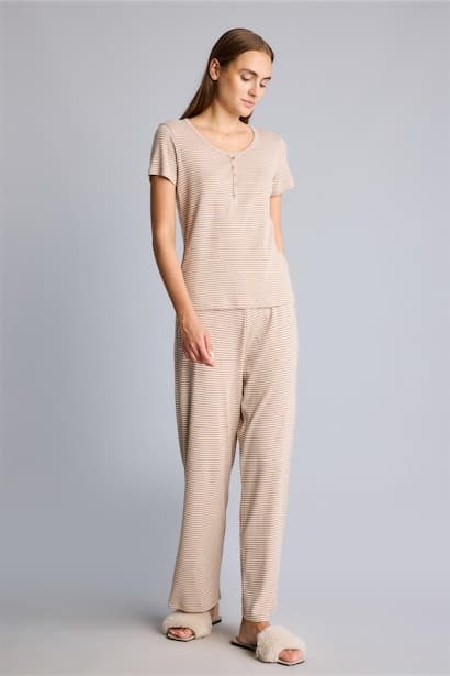 Regular Fit Striped Short Sleeve Button-Up Pajama Set Homewear Set