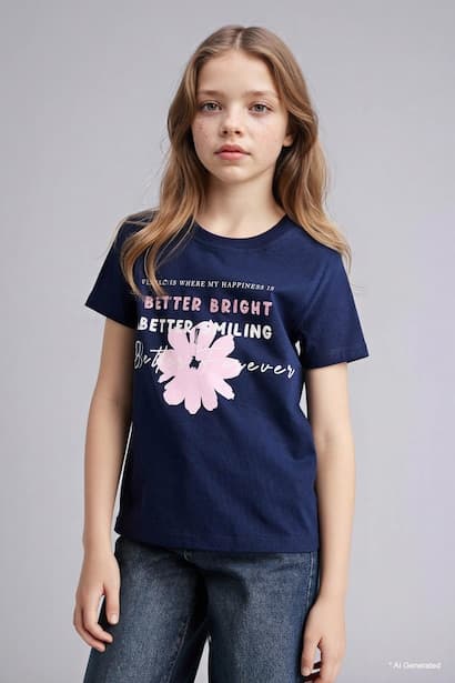 Girl Regular Fit Crew Neck Slogan Print T-Shirt (٣)