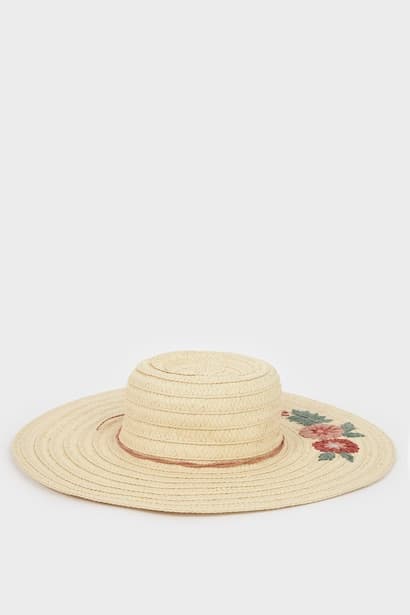 Woman Light Sand Beige Floral Straw Hat