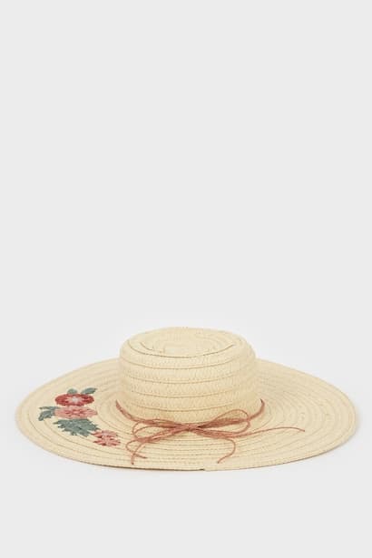 Woman Light Sand Beige Floral Straw Hat (3)
