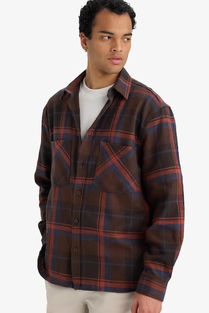 Regular Fit Polo Neck Plaid Flannel Long Sleeve Shirt