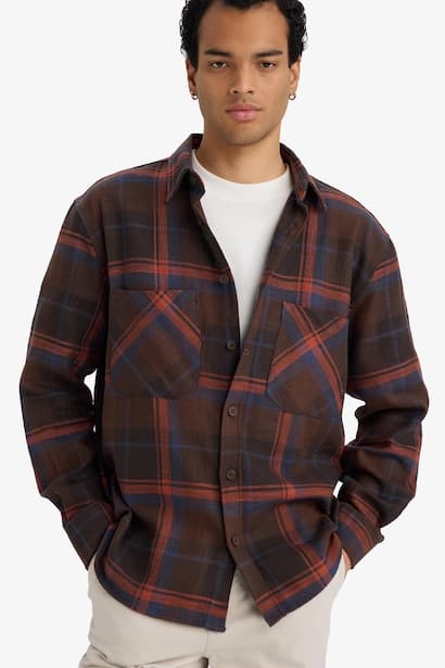 Regular Fit Polo Neck Plaid Flannel Long Sleeve Shirt (٣)