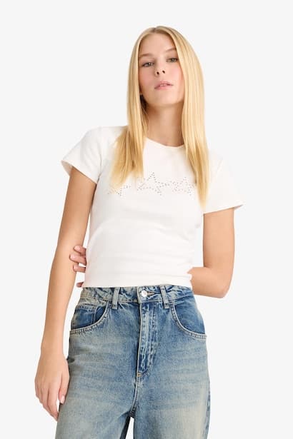 Fitted Star Patterned Ribbed Short Sleeve T-Shirt (٣)