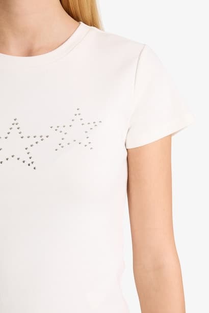 Fitted Star Patterned Ribbed Short Sleeve T-Shirt (٤)