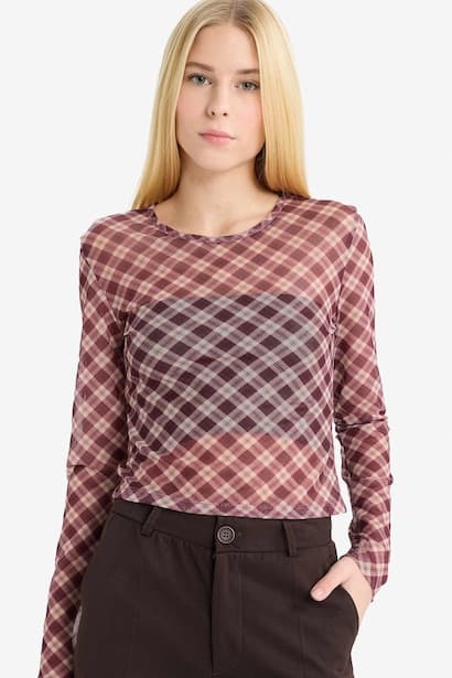 Fitted Checked Tulle Long Sleeve T-Shirt