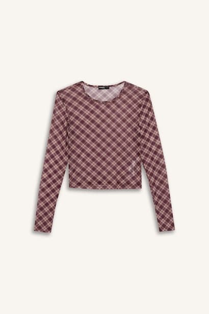 Fitted Checked Tulle Long Sleeve T-Shirt (٤)