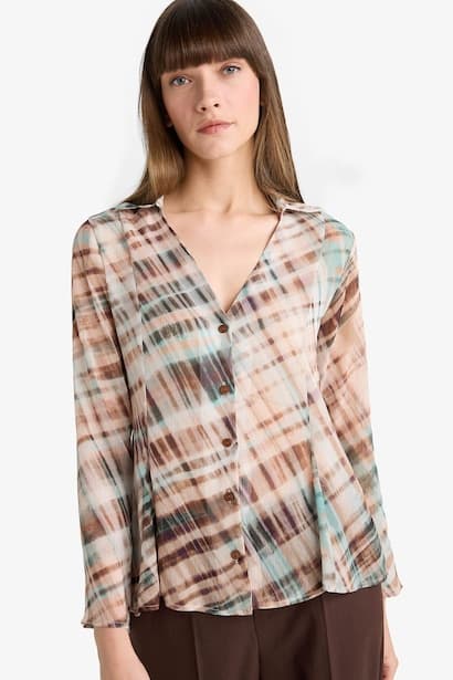 Slim Fit V-Neck Chiffon Plaid Long Sleeve Shirt (٣)