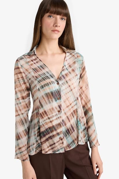 Slim Fit V-Neck Chiffon Plaid Long Sleeve Shirt (٤)