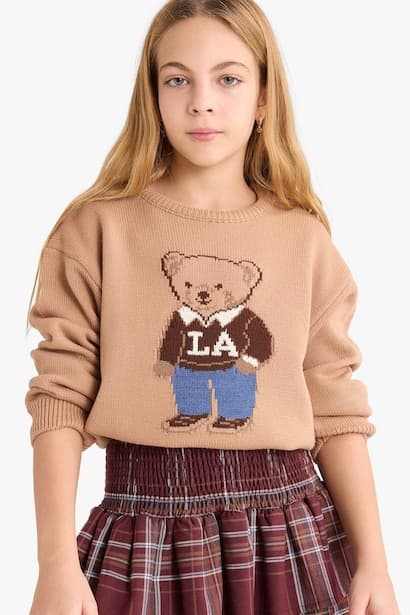 Girl Crew Neck Bear Printed Knit Pullover