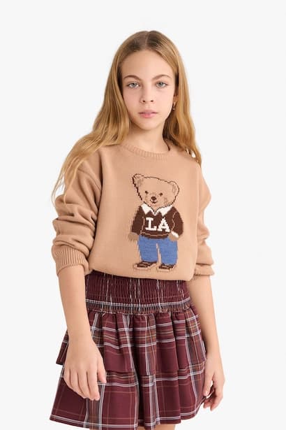Girl Crew Neck Bear Printed Knit Pullover (٣)