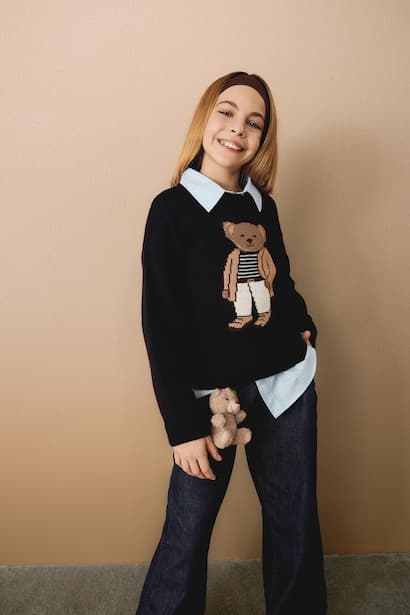 Girl Crew Neck Bear Printed Knit Pullover