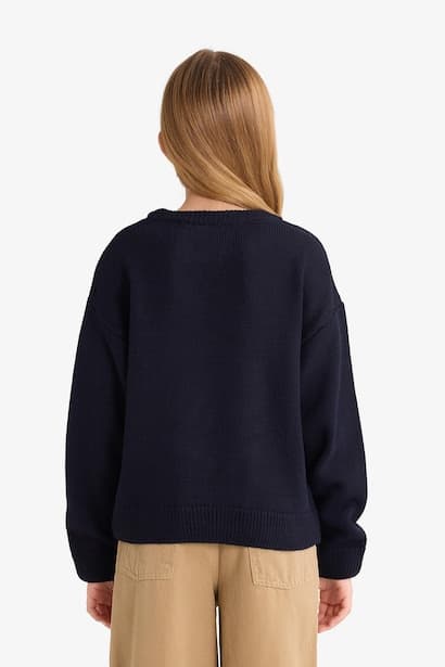 Girl Crew Neck Bear Printed Knit Pullover (٤)