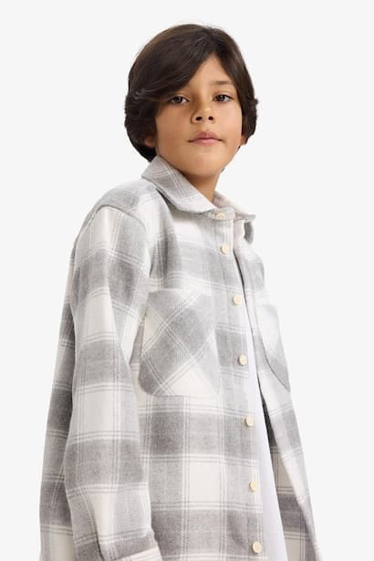 Boy Oversize Loose Fit Polo Neck Plaid Flannel Shirt (٣)